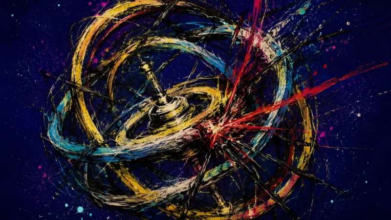 Locked Orbit A gyroscope twists into a jammed knot, expressing decision paralysis, comparison loops, and the need