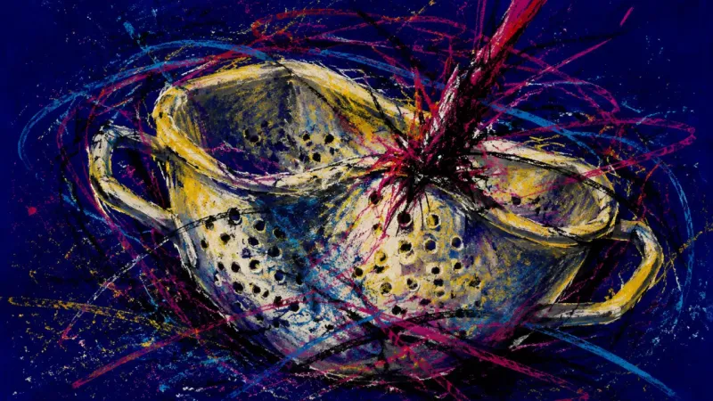 A distorted colander tangled in dense pressure lines, representing merit anxiety, over-planning, and