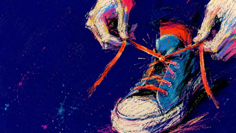 The Untied Exit A sneaker held in repeated stop-start tying, symbolizing the need to feel certain before taking a 첫?