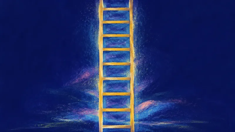 Aligned Rungs An abstract representation of change anxiety easing into self-trust, where choice becomes a calm, w