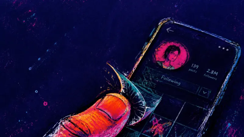 A thumb reopens the same social profile until a screen guard corner buckles, reflecting an online-re