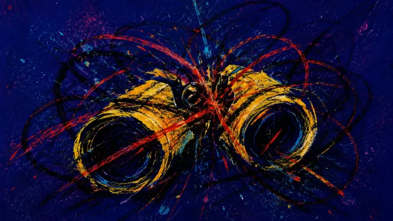 Binoculars crushed out of alignment and trapped in chaotic lines, representing rejection anxiety and