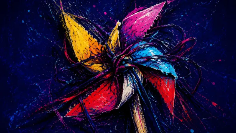 Jammed Orbit A pinwheel crushed into itself and trapped in chaotic lines, representing overload, compulsive che