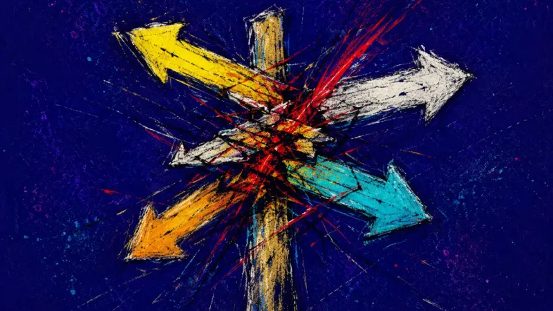 Broken Wayfinding A distorted signpost tangled in chaotic marks, representing career uncertainty, overwork, and lost