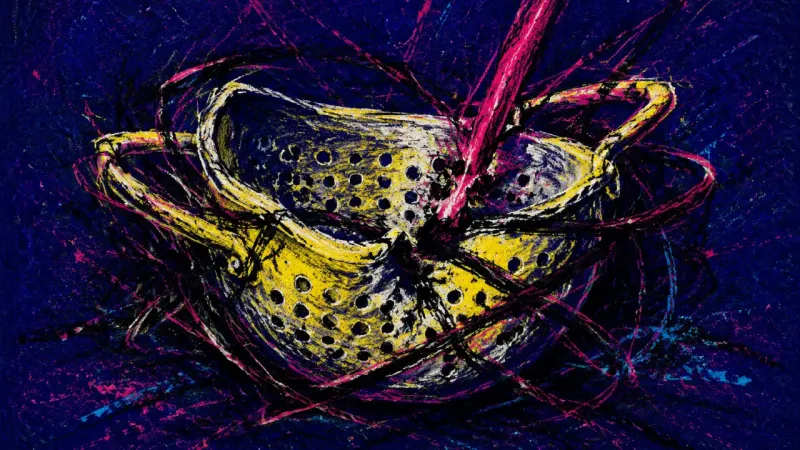 Choked Filter A warped colander clogged by chaotic marks, representing dating doubt, overanalysis, and pressure to