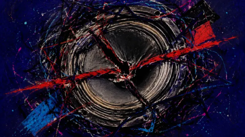 A crushed speaker cone tangled in chaotic lines, symbolizing impostor syndrome, over-explaining, and