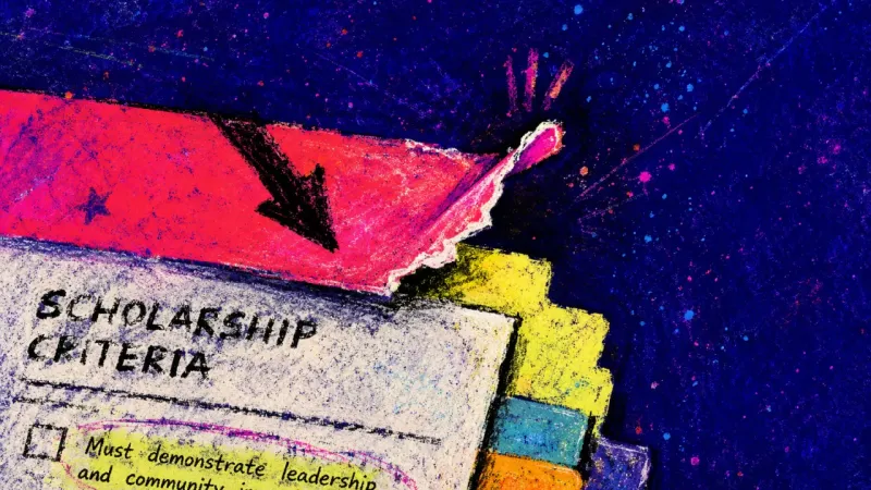 A scholarship criteria page layered with torn sticky tabs over one line, symbolizing perfectionistic