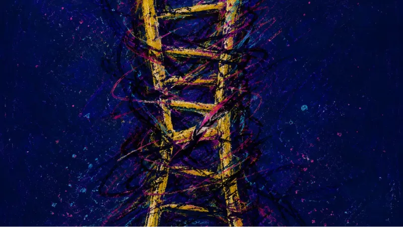 A distorted ladder bound by chaotic marks, representing achievement anxiety, perfectionistic editin