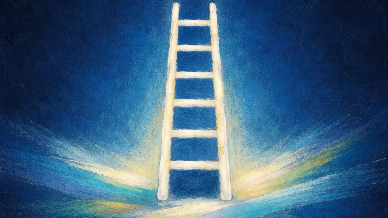 A restored ladder with even rungs and open spacing, representing calm self-leadership and a clear