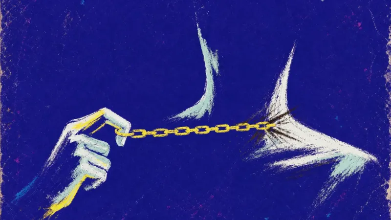 A finger pulls a necklace chain tight across the collarbone, reflecting the reflex to clamp down on,