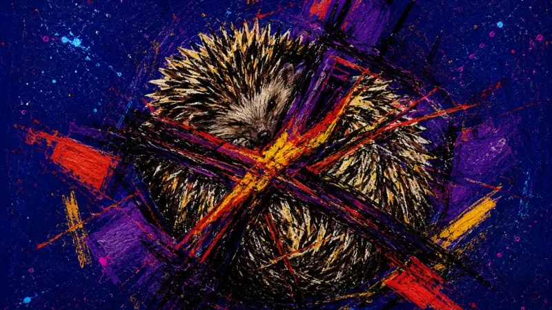 A hedgehog curled into itself and trapped in chaotic marks, expressing emotional guardedness and the
