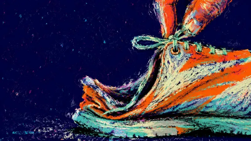 A heel jammed into a running shoe with the back crushed flat and the lace pulled hard, symbolizing a