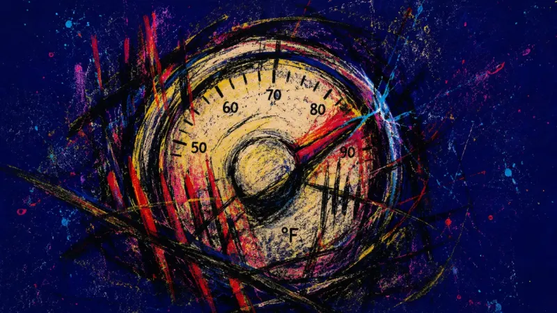 A thermostat warped by frantic slash marks, representing quantified-self burnout and a life compres