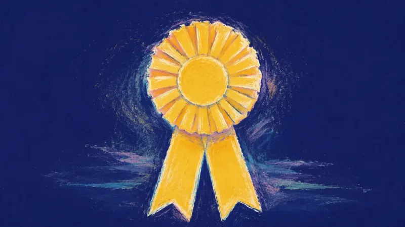 An award ribbon restored to an open, balanced form, representing self-respect rebuilt through naming