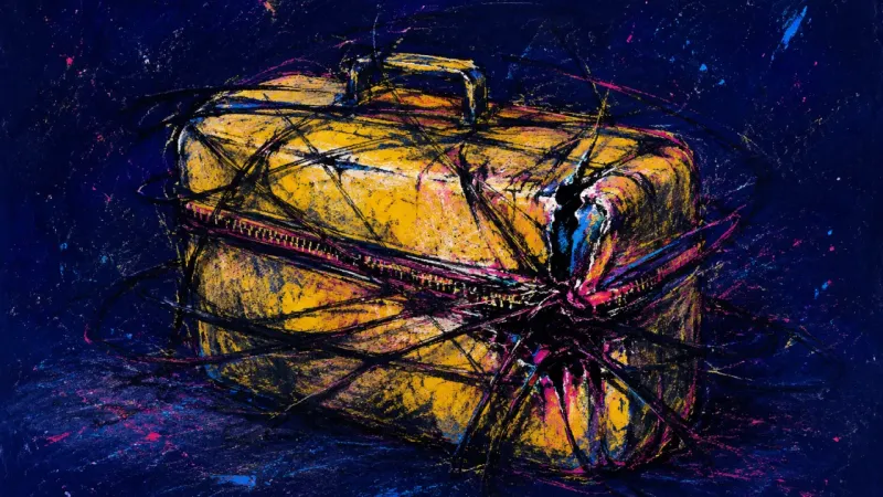 Burden of Proof A warped suitcase tangled in dense marks, expressing perfectionism, over-control, and fear of judgme