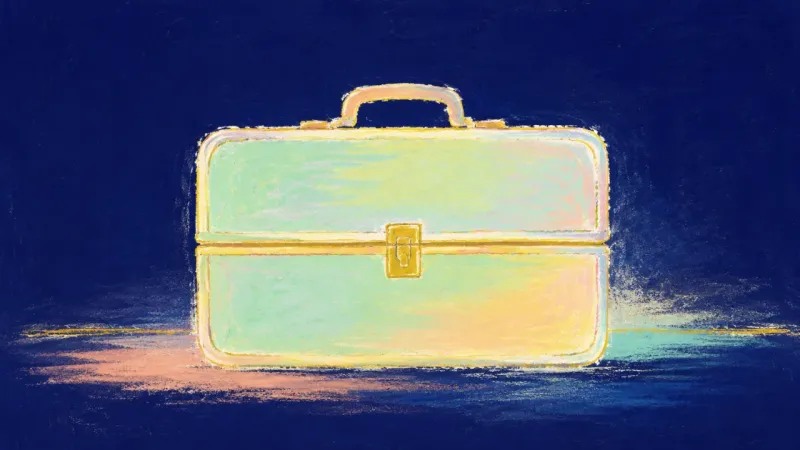 Grounded Arrival A settled suitcase with clean, balanced lines, representing good-enough preparation and a grounded a
