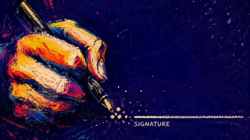 Before the Signature A pen in a rigid hand punches dots beside an unsigned founders’ agreement, capturing deadline parity
