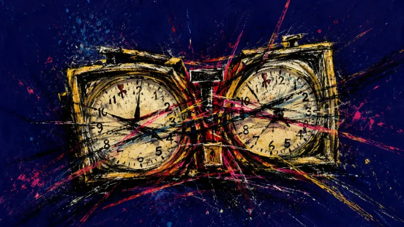 Jammed Turns A distorted chess clock bound in chaotic lines, representing founder indecision, control anxiety,
