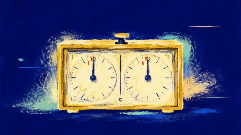 Shared Tempo A restored chess clock with balanced dials and a clear center switch, representing trust, decision-r