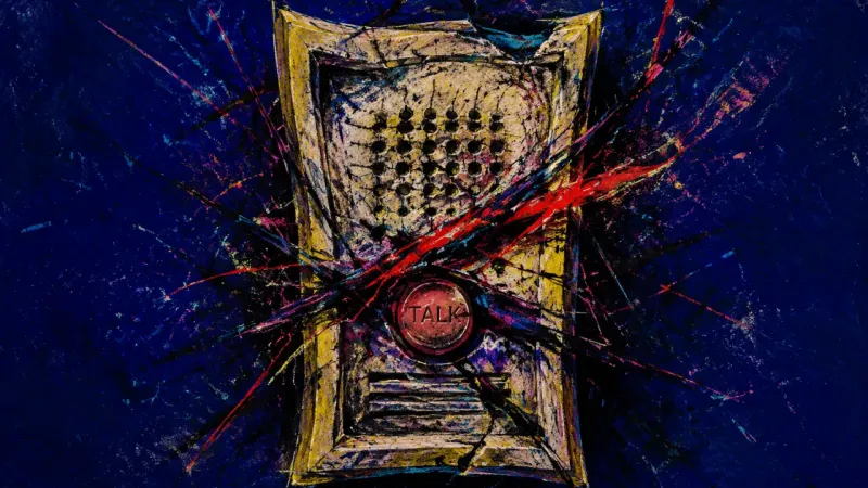 Jammed Transmission An intercom warped and jammed by chaotic marks, representing privacy breach, rumination, and the दबल