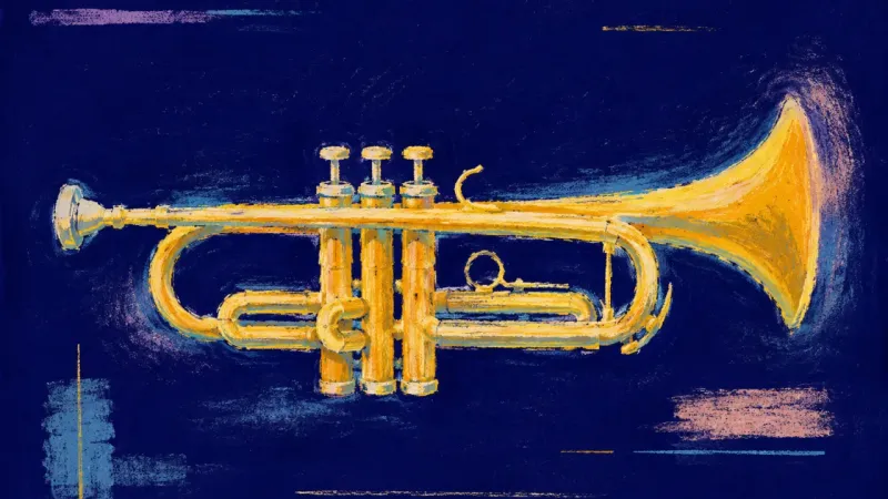 A trumpet restored to an open, balanced form, symbolizing praise integrated into steady self-trust ۽