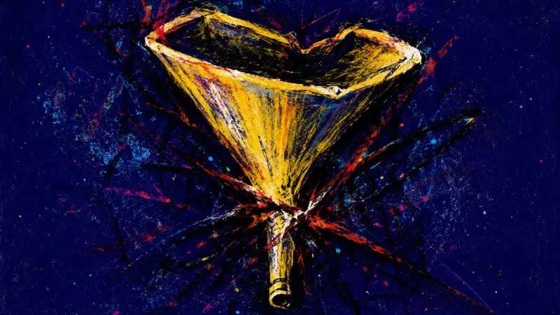 Choked Passage A funnel warped shut and crossed by dense marks, symbolizing overanalysis and deadline pressure in a