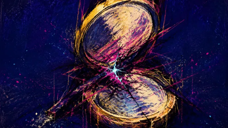 A distorted compact mirror squeezed shut by chaotic lines, representing camera-off shame and fear of