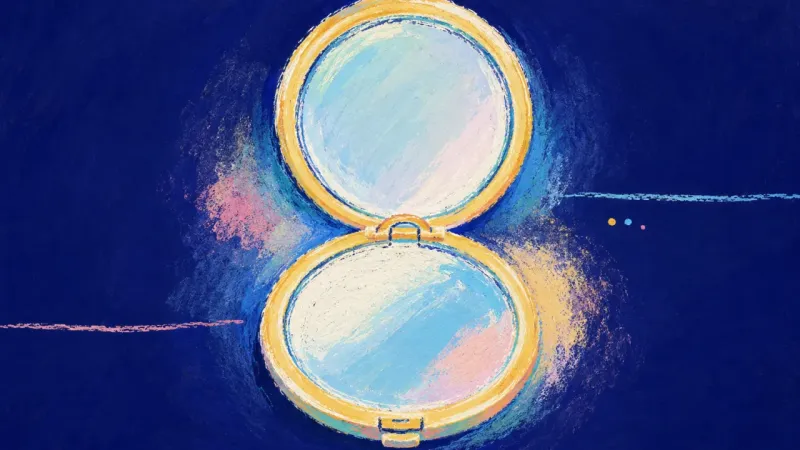 A compact mirror reopened into calm balance, representing safer visibility and steadier self-trust