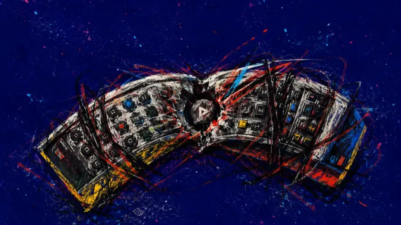 A warped remote control tangled in chaotic marks, representing shame-driven autopilot avoidance and