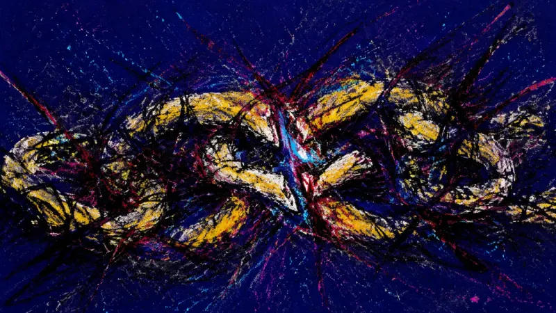 An entangled chain compressed by chaotic lines, symbolizing silent mind-reading and the pressure of,