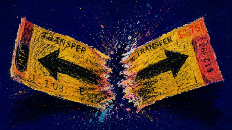 Split Route A transit transfer ticket folded until its center seam tears, reflecting decision paralysis under in