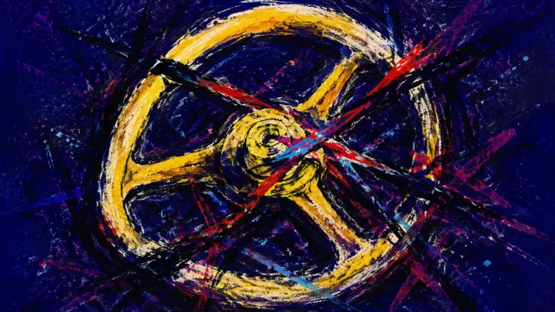 Seized at the Wheel An abstract steering wheel warped by crossed pressure, expressing decision paralysis and fear of c