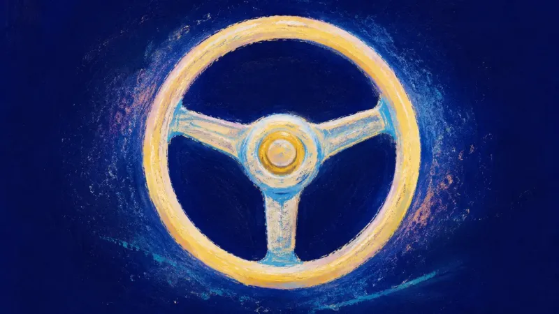 Reclaimed Direction An abstract steering wheel restored to balanced order, symbolizing self-trust, clear boundaries, and