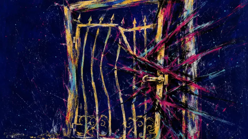 A garden gate warped shut by pressure, symbolizing grief-driven indecision and the fear that letting