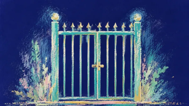 A garden gate restored to balanced order, symbolizing grief integrated into self-trust, belonging,ed