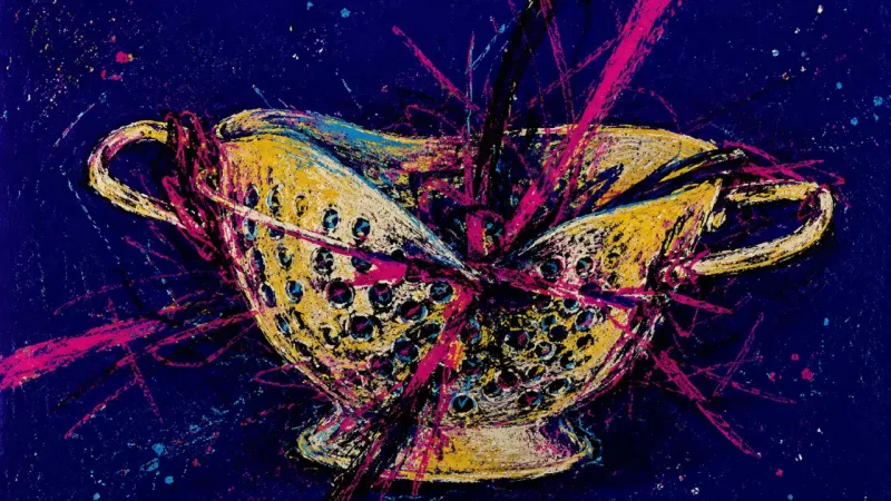 A warped colander trapped in tangled lines, representing the pressure of trying to control a relatio