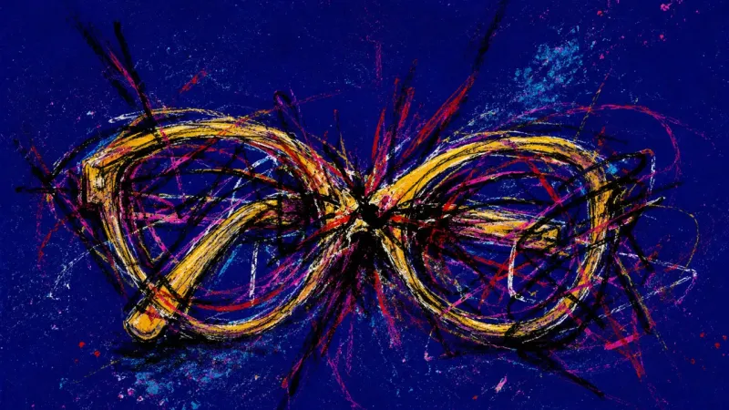 Eyeglasses bent out of alignment and snarled in harsh marks, representing obsessive overthinking