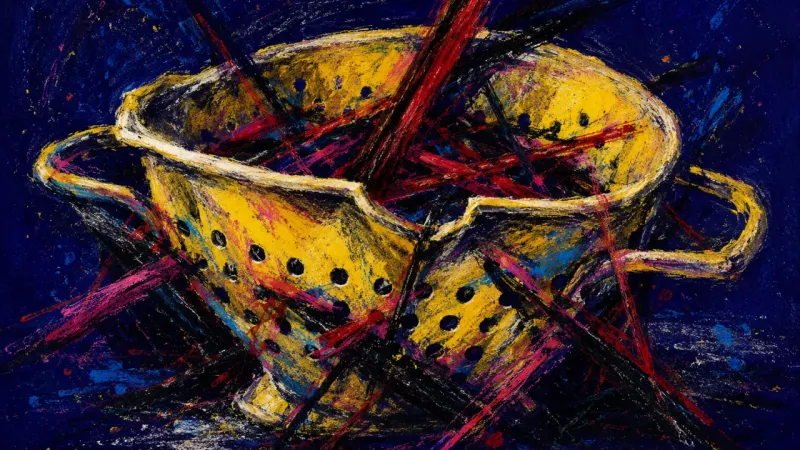 Clogged Signal A warped colander tangled in chaotic marks, representing scent-triggered sadness trapped inside