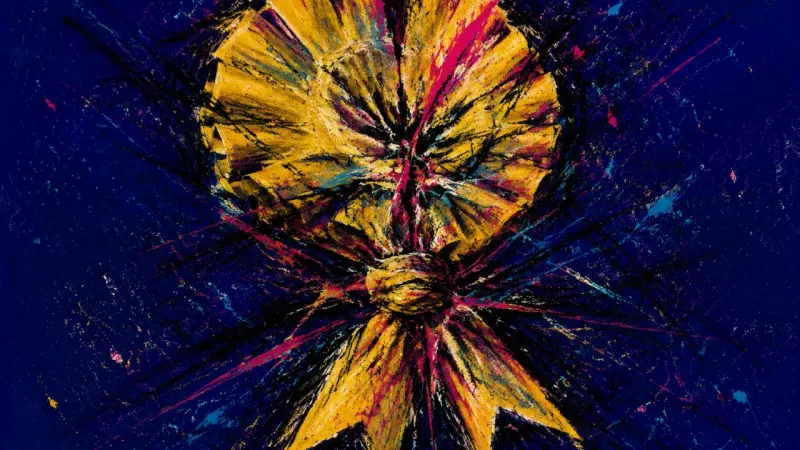 An award ribbon crushed into knots and crossed by chaotic lines, representing anxious attachment and