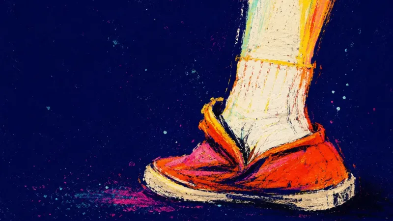 Halfway Out A foot jammed halfway into a shoe, crushing the heel flat, suggesting the habit of staying ready to