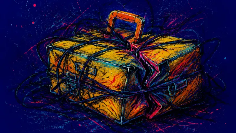 Emergency Packing A warped suitcase bound by chaotic lines, symbolizing abandonment fear and the pressure to stay