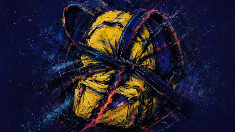 Crushed Capacity A backpack warped and constricted, representing burnout after denied time off as work pressure leaks