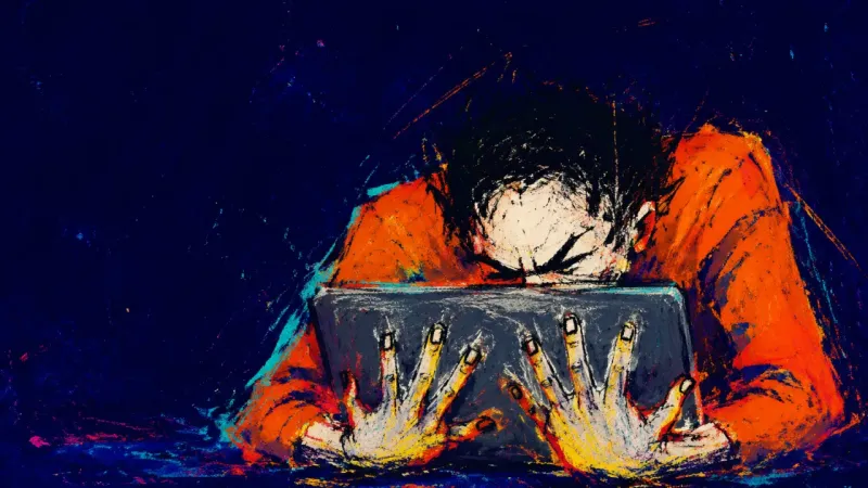 Held Shut A cropped upper body pressing both palms onto a closed laptop, capturing the urge to keep an unready
