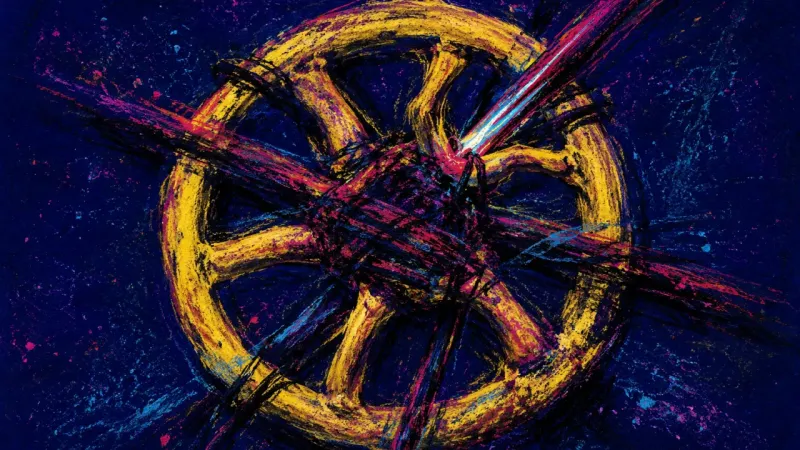 Seized Flow A warped valve wheel jammed by tangled force, representing burnout, overcommitment, and a life rhyth