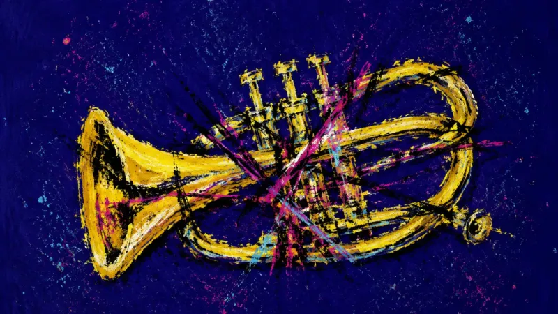 An abstract trumpet crushed into visual gridlock, representing over-analysis, control fear, and a