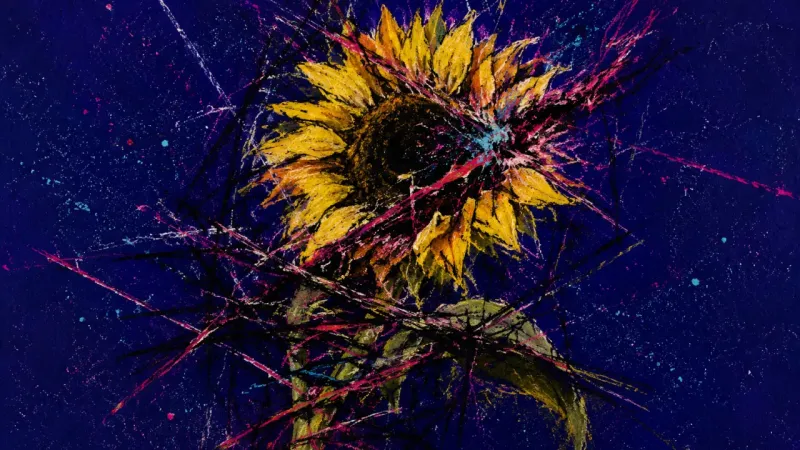 Crushed Bloom A warped sunflower bound by chaotic lines, representing social imposter syndrome, over-editing, and