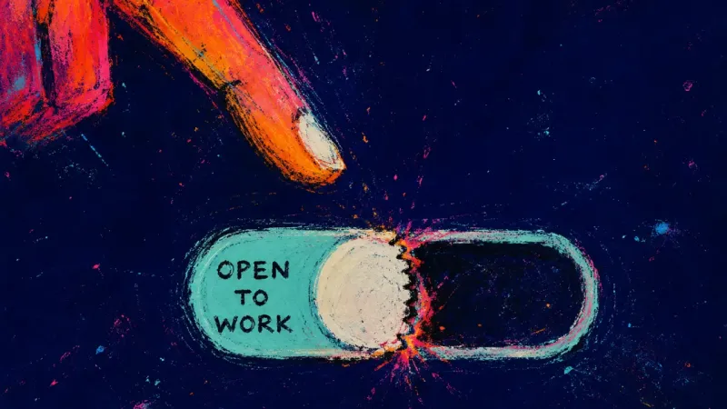 A fingertip paused above a half-dragged Open to Work toggle, symbolizing fear of being seen making a