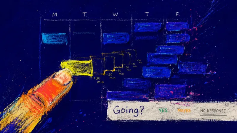 The Shifted Hour A shared calendar invite left unanswered as one time block is dragged back and forth, capturing body