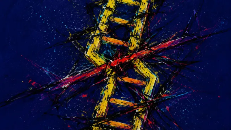 Bent Ascent An abstract representation of commitment anxiety, showing a ladder twisted shut by chaotic force and