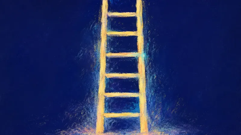 Measured Ascent An abstract representation of commitment anxiety resolved, showing a ladder restored to even spacing